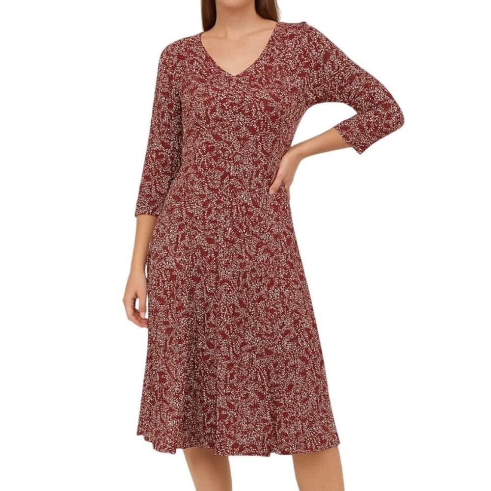Anthropologie Isabella Bird Red V-Neck Floral Midi Dress 3/4 Sleeve Dress XS